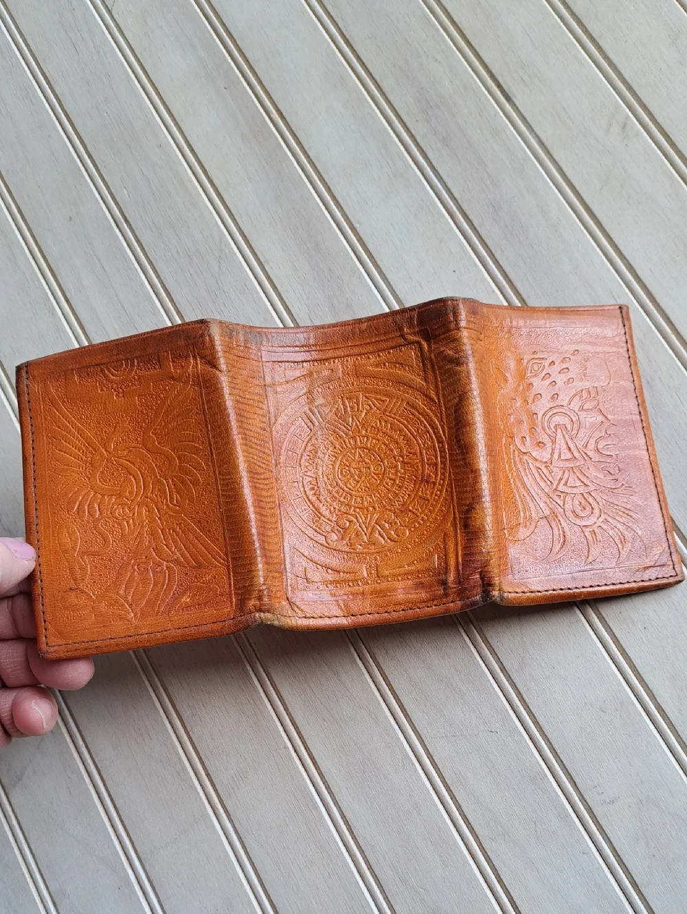 Vintage Handmade Mexican Tooled Leather Trifold Wallet Aztec Mayan Eagle Boho